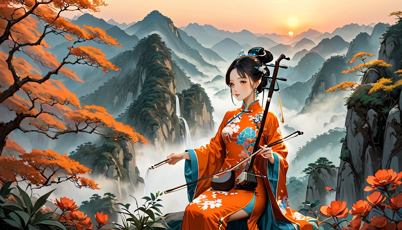 1 anime chinese girl,Playing erhu,Holding an Erhu, (((masterpiece,Highest quality))),((Good structure,Good composition,Good Atomy)), ((clear, original,beautiful)),sitting on chair, outdoors, chinese nature,Background like a Chinese ink painting, She is dressed in elegant traditional Chinese clothing, such as a qipao or hanfu which flows beautifully as she plays.The background features a majestic scene of misty Chinese mountains at dawn, with the sky painted in warm hues of orange, pink, and gold, creating a serene and enchanting atmosphere. soft, ethereal lighting enhances the landscape, highlighting the beauty of the moment as the sun rises and bathes the scene in a gentle glow