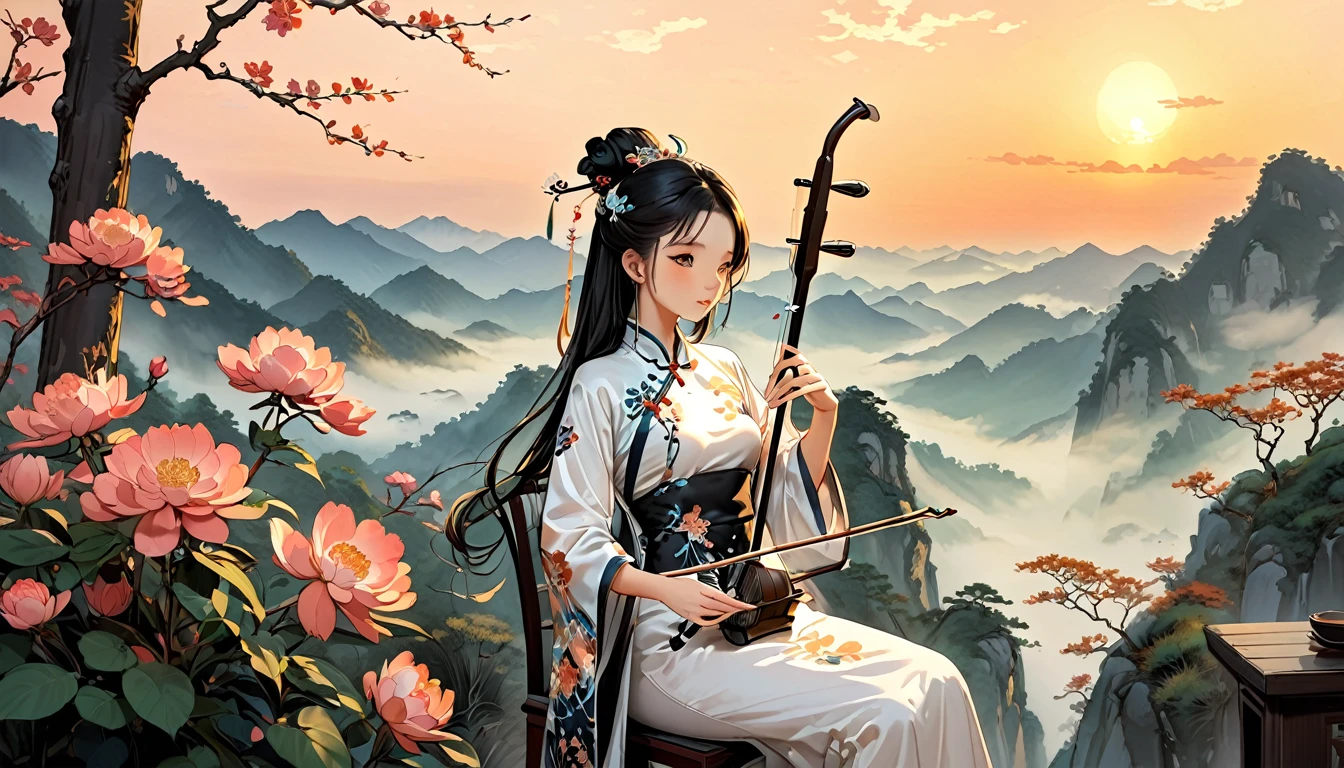 1 anime chinese girl,Playing erhu,Holding an Erhu, (((masterpiece,Highest quality))),((Good structure,Good composition,Good Atomy)), ((clear, original,beautiful)),sitting on chair, outdoors, chinese nature,Background like a Chinese ink painting, She is dressed in elegant traditional Chinese clothing, such as a qipao or hanfu which flows beautifully as she plays.The background features a majestic scene of misty Chinese mountains at dawn, with the sky painted in warm hues of orange, pink, and gold, creating a serene and enchanting atmosphere. soft, ethereal lighting enhances the landscape, highlighting the beauty of the moment as the sun rises and bathes the scene in a gentle glow