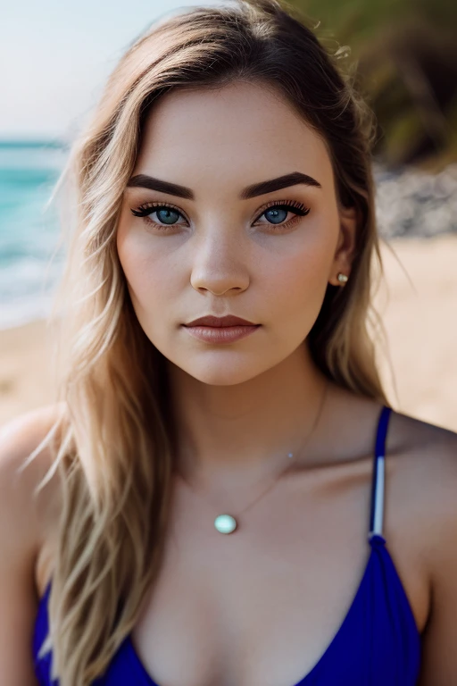 ASMRDarling (sharp focus:1.2), photo, (beautiful face:1.1), detailed eyes, luscious lips, (cat eye makeup:0.85), wearing (bikini:1.2) on a (beach:1.2), depth of field, bokeh, 4K, HDR. by (James C. Christensen:1.2|Jeremy Lipking:1.1).