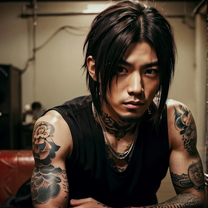 1 man, Japanese man, male, Asian eyes, muscular, broad shoulders, yakuza tattoos, hairstyle Visual Kei style, hair Visual Kei, black men's shirt and black pants, ultra detailed face, hyperrealistic, realistic representation, long hair, long hair, 30 years old, age 30 years, blond, blonde hair