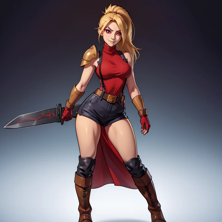 (masterpiece, best quality:1.2), red glowing eyes, red eyes, the eyes are red, perfect face, highres, 1 girl, solo, ultra long ponytail, (female:1.5), strife, blonde hair, shoulder armor, sleeveless turtleneck, suspenders, belt, gloves, bracer, evil smile, standing, portrait, looking at viewer, giant sword on the back, giant buster sword on the back, long leather boots, fullbody shot