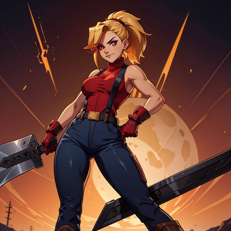 (masterpiece, best quality:1.2), red glowing eyes, red eyes, the eyes are red, perfect face, highres, 1 girl, solo, ultra long ponytail, (female:1.5), strife, blonde hair, shoulder armor, sleeveless turtleneck, suspenders, belt, gloves, bracer, evil smile, standing, portrait, looking at viewer, giant sword on the back, giant buster sword on the back, long leather boots, fullbody shot