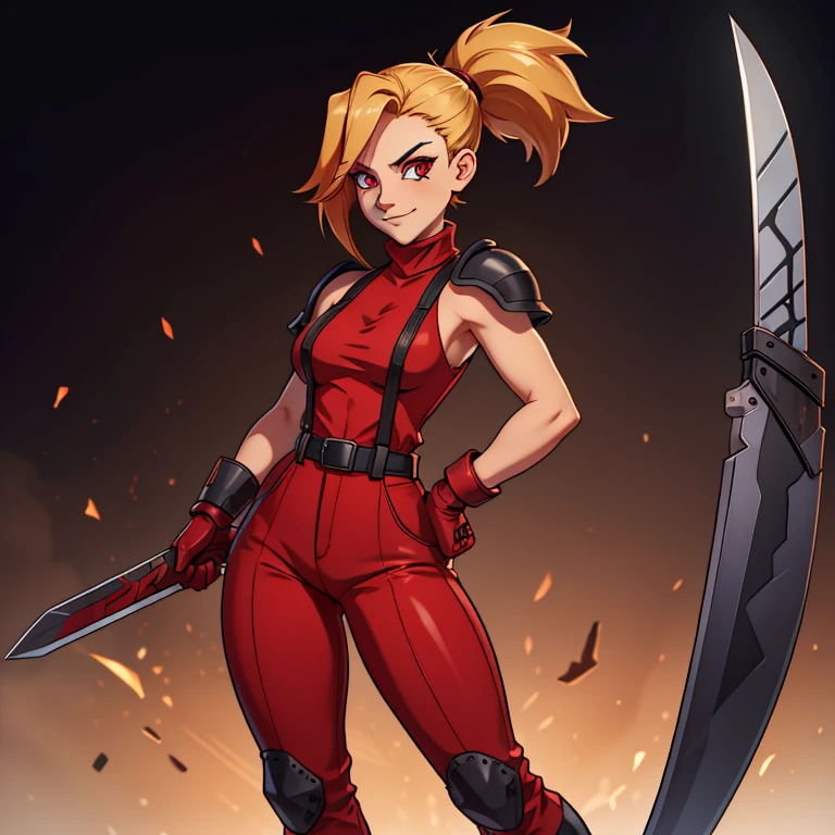(masterpiece, best quality:1.2), red glowing eyes, red eyes, the eyes are red, perfect face, highres, 1 girl, solo, ultra long ponytail, (female:1.5), strife, blonde hair, shoulder armor, sleeveless turtleneck, suspenders, belt, gloves, bracer, evil smile, standing, portrait, looking at viewer, giant sword on the back, giant buster sword on the back, long leather boots, fullbody shot