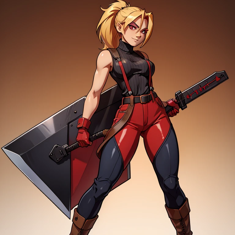 (masterpiece, best quality:1.2), red glowing eyes, red eyes, the eyes are red, perfect face, highres, 1 girl, solo, ultra long ponytail, (female:1.5), strife, blonde hair, shoulder armor, sleeveless turtleneck, suspenders, belt, gloves, bracer, evil smile, standing, portrait, looking at viewer, giant sword on the back, giant buster sword on the back, long leather boots, fullbody shot