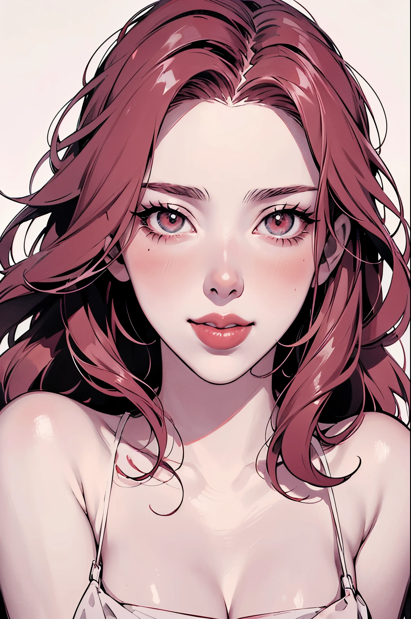 ((Manga illustration)), ((scarlet Johansson )) half bod, solo , long hair, looking at viewer, blush , smile , happy , red lipstick, solo, focus on eyes, plain background, (in vector style), ((monochrome Manga drawing))
