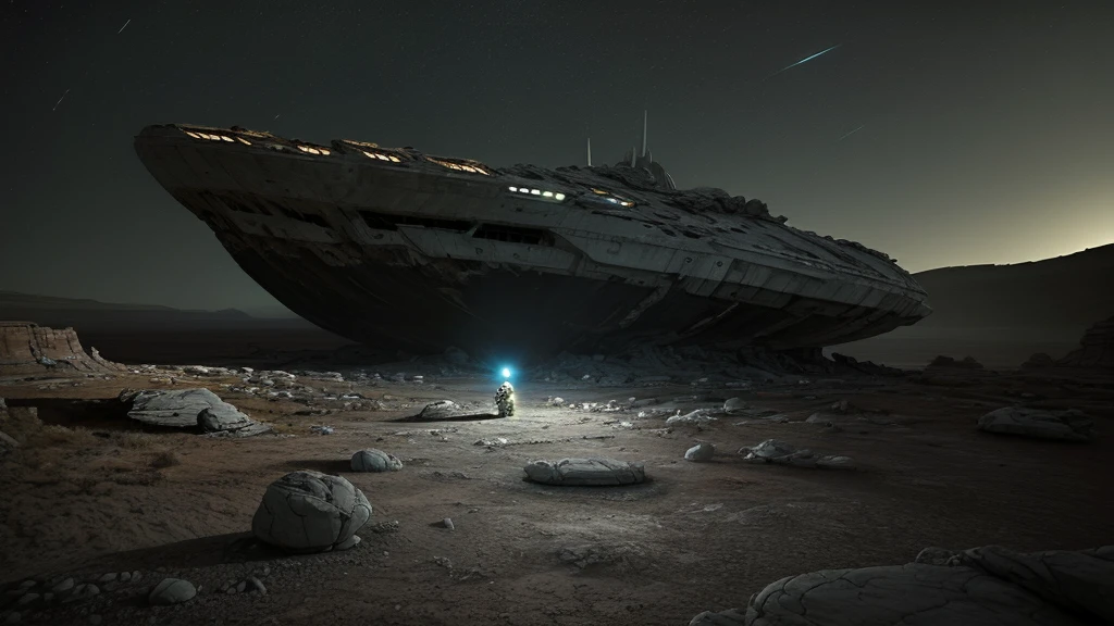 (((masterpiece))) A futuristic spaceship has crashed on the earth of a rocky alien planet, the ship has visible damage from the impact. The astronaut in the orange suit and white helmet is standing to the side of the scene in the foreground, with his back turned, observing his shattered ship. The planet lacks vegetation, there are only rocks and stones, it is nighttime, it is a barren and dark landscape (soft lighting)