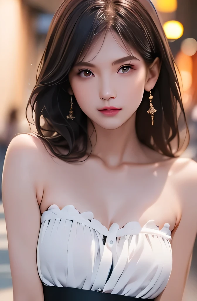 (((best quality))),1 female,slender face,(((arms behind))),(((cool beauty))),Black Hair,Brown Eyes,medium hair,straight hair,small breasts,looking at viewer,bed,25 years old,No pubic hair,Height: 160cm,(full body),blouse,Standing in a busy street at night,mini skirt,Provocative look