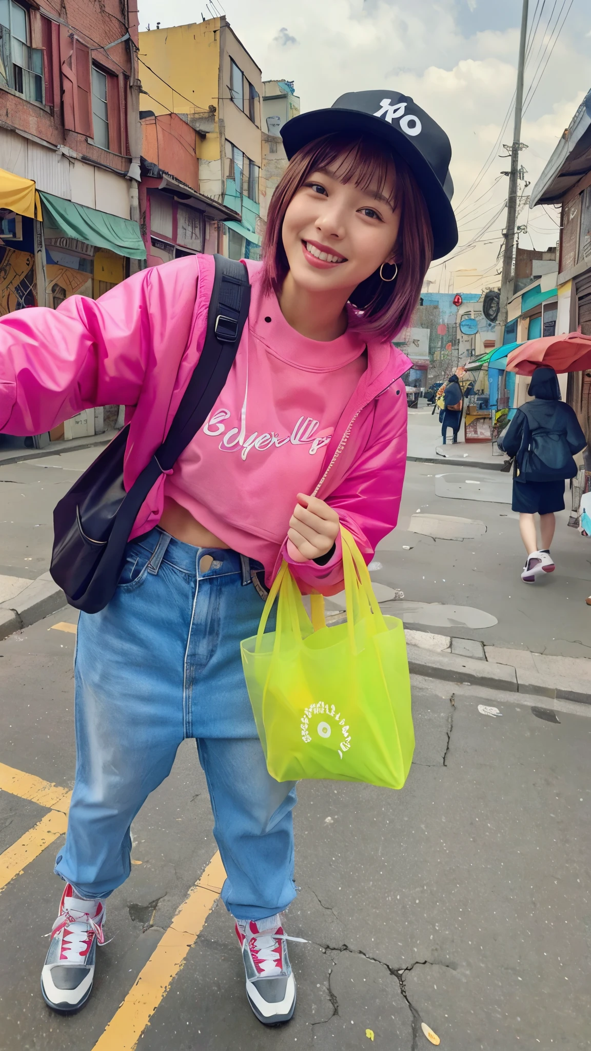 Moisturized skin, realistic body, (16 years old), (girl), earrings, (cute face), laughing cheerfully, 90s hip-hop outfit, shy,
BREAK,
red lipstick, beautiful hair, gradient hair, short hair,
BREAK,
(masterpiece, highest quality, high resolution, highly detailed), (full body: 1.2), symmetrical, one shot,
BREAK,
(wind blowing), Taiwan night market,
BREAK,
fantastic, dynamic, (selfie), (fisheye lens), neon, cyberpunk movie, selfie, cyberpunk city, hat, iPhone, street snap, bag, travel,