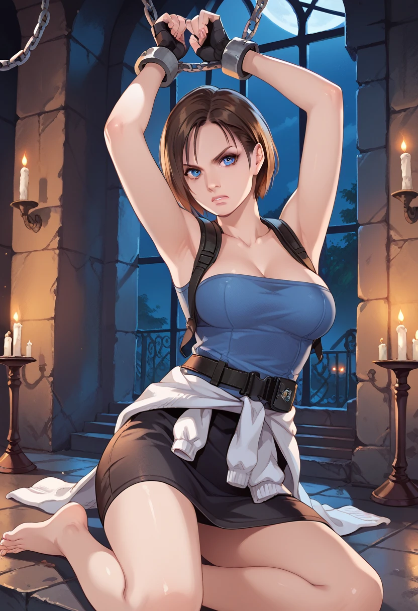 score_9, score_8_up, score_7_up, 1girl, solo, jill valentine, bob cut, short hair, blue eyes, tube shirt, clothes around waist, black skirt, fingerless gloves, cleavage, candles, night, long fingernails, hell palace, angry look, feet, female focus, blue eyes, fantasy, arms in chains, arms up, metal hand cuffs, bondage, (enchained, iron chains:1.2),