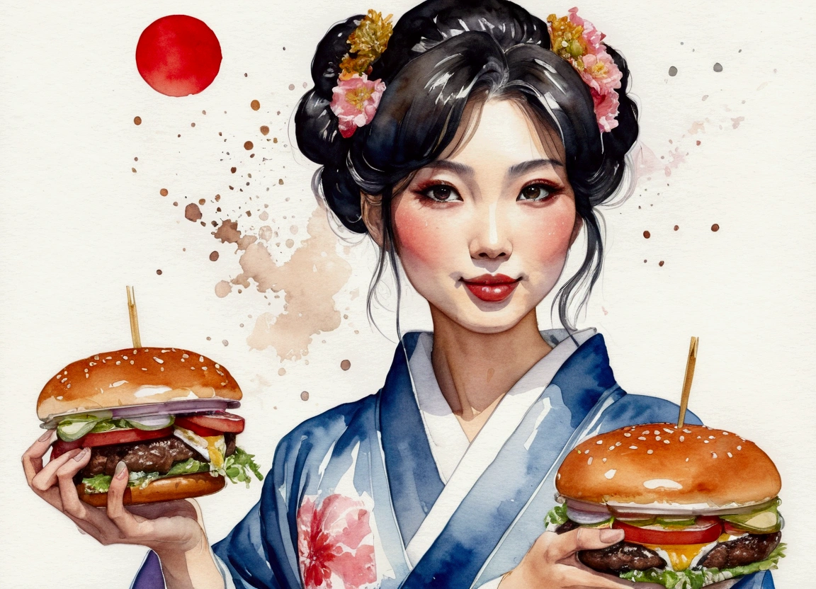 A very beautiful Japanese woman in a kimono is about to eat a very large hamburger　Eyes on the burger　Watercolor art　Ink illustrations　The woman has a slightly nasty smile　Eyes that pay attention to detail