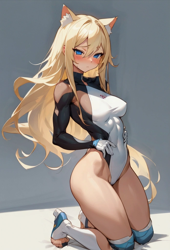 Make me a cat girl, The girl has long blonde hair, She has a sexy and athletic body but not so muscular., Thighs and buttocks, not too much. big not too small, her breasts not too big not too small, make her a cute and shy cat girl, his face is flushed with a shy and embarrassed expression. And that she is completely naked and they give me a full body image., her blue eyes