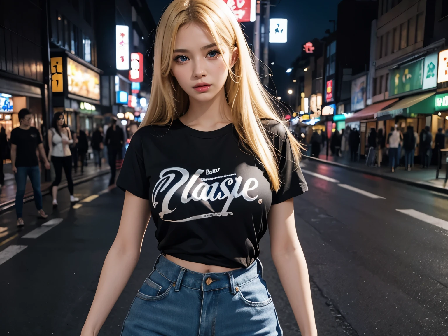 1girl, Blue eyes, (smile), (fishnet stockings :1.2), shiny makeup, (Sana Minatozaki), wide hips, Big , big ass, (Best Quality, 8k, Masterpiece: 1.3), perfect hands, Clear Focus: 1.2, Perfect Body Beauty: 1.4, Highly detailed face and skin texture, detailed eyes, double eyelids, (blonde long hair :1.2), (black hoodie), (black pleated skirt :1.2), standing, dynamic pose, in the Akihabara neighborhood at night, illuminated by colorful signs, Tokyo Japan