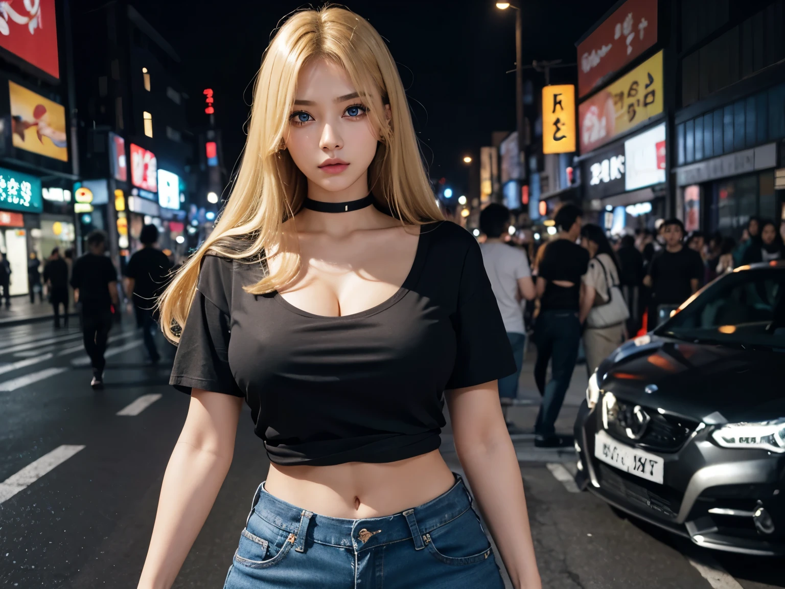 1girl, (Blue Eyes), (serious face :1.2), (Sana Minatozaki), (black makeup :1.2), (black eyeliner :1.2), (big tits :1.1), big ass, thin waist, thick thighs, toned legs, muscle, (Best Quality, 8k, Masterpiece: 1.3), Clear Focus: 1.2, Perfect Body Beauty: 1.4, strong abs, Highly detailed face and skin texture, detailed eyes, double eyelids, (shiny skin :1.2), (blonde long long straight hair :1.3), (cleavage black t-shirt :1.3), jeans, (close-up at face :1.3), standing, in a street of tokyo at night, buildings illuminated by signs in the background