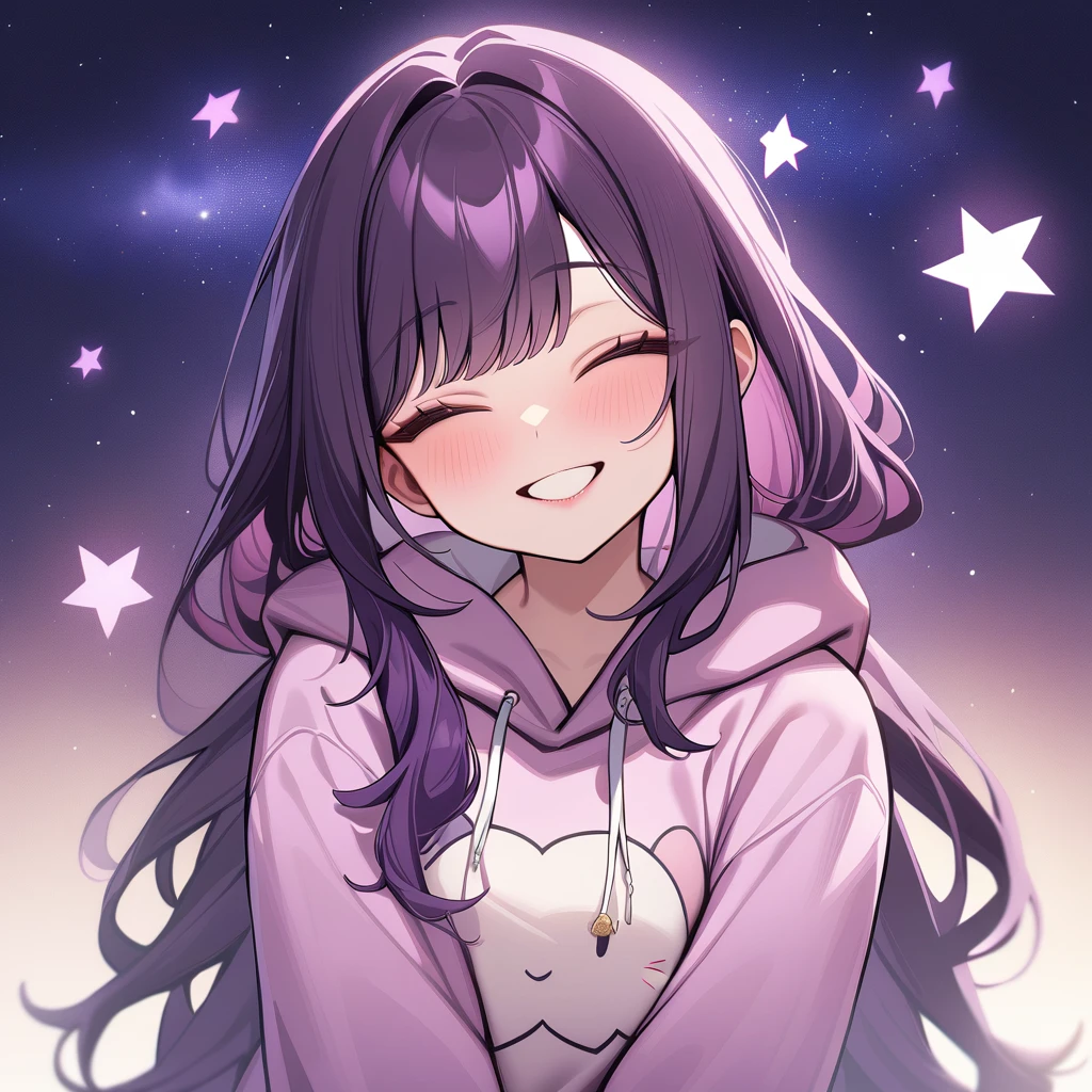 One girl, Night sky background, Purple pink eyes with white hexagrams, Long Hair, Dark purple hair, bangs, Side hair,Cream hoodie, Mouth closed, smile, A masterpiece, Highest quality, so beautiful, Absurd