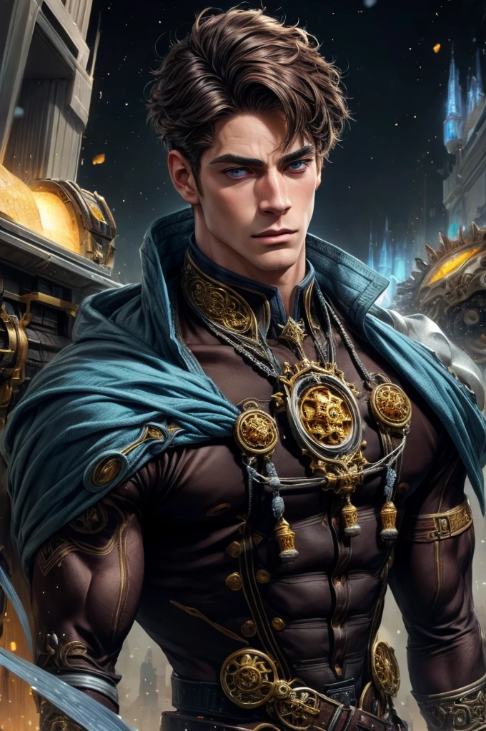 (Intricate Details, Masterpiece, Best Quality, High Resolution, 8k), (1man), (male:1.2), mature, dandy face, finely detailed eyes and face, toned body, masculine appeal, commanding presence, hot stud, bulging biceps and triceps, well-developed quadriceps and hamstrings, light skin, burgundy straight layered bangs hair, aquamarine eyes,  ornate details,  portrait, solo, half shot, looking down, detailed background, detailed face, (cogpunkai, cogpunk theme:1.1),  tech-mage,   [magic|technology], melding of spellcraft and advanced technology,  intricate [spellcasting clothes|mechanical gear], gear shaped glyphs,  ancient crystals,  [gears|ancient spell],  floating particles,  [innovative|enchanting] aura, high tech vehicle in background,   , finely detailed background, Depth of Field, VFX