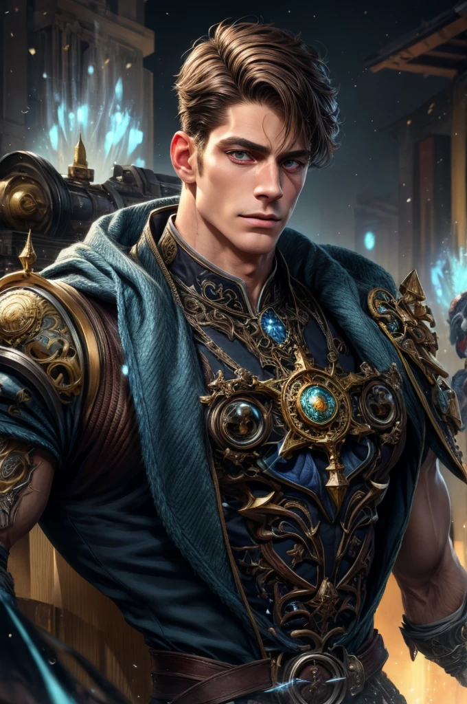 (Intricate Details, Masterpiece, Best Quality, High Resolution, 8k), (1man), (male:1.2), mature, dandy face, finely detailed eyes and face, toned body, masculine appeal, commanding presence, hot stud, bulging biceps and triceps, well-developed quadriceps and hamstrings, light skin, burgundy straight layered bangs hair, aquamarine eyes,  ornate details,  portrait, solo, half shot, looking down, detailed background, detailed face, (cogpunkai, cogpunk theme:1.1),  tech-mage,   [magic|technology], melding of spellcraft and advanced technology,  intricate [spellcasting clothes|mechanical gear], gear shaped glyphs,  ancient crystals,  [gears|ancient spell],  floating particles,  [innovative|enchanting] aura, high tech vehicle in background,   , finely detailed background, Depth of Field, VFX