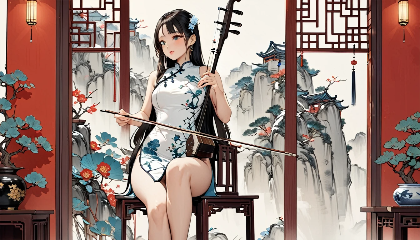 One girl,Long Hair,Playing erhu,Holding an Erhu,China dress,Sitting in a highchair,,(((masterpiece,Highest quality))),((Good structure,Good composition,Good Atomy)), ((clear, original,beautiful)),