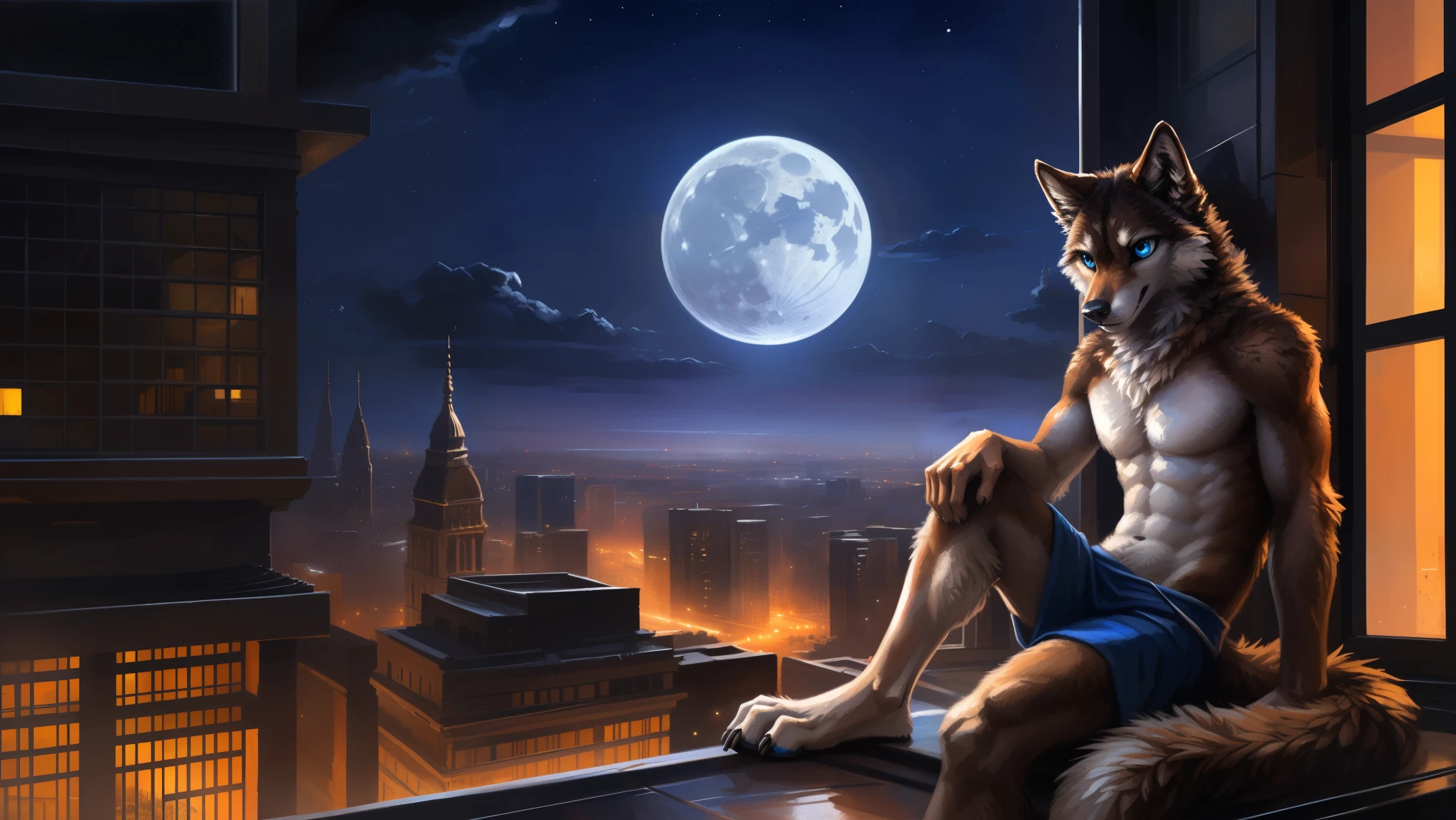 ((Solo)), male people, anthro wolf, (Multi-colored fur, White-brown:1.3), ((Wolf face, Big eyes, White eyelids, Blue pupil, Slim:1.2) (Tough, Calm expression:1.2)), (Height 2.1 meters,Tail length 1.5m), Abs, Slim, pinging, (Correct anatomy), (Contour bone:1.2), The upper body is naked, (detailed outfits), a long large tail,Feet,(Realistic fur, Detailed fur texture, labeled:1.3)), (Natural lighting), Photorealistic, Hyperrealistic, ultradetailed, by Kenket,In the modern city,Roof,the night,Sit alone,Look at the full moon,It was dark,Starry