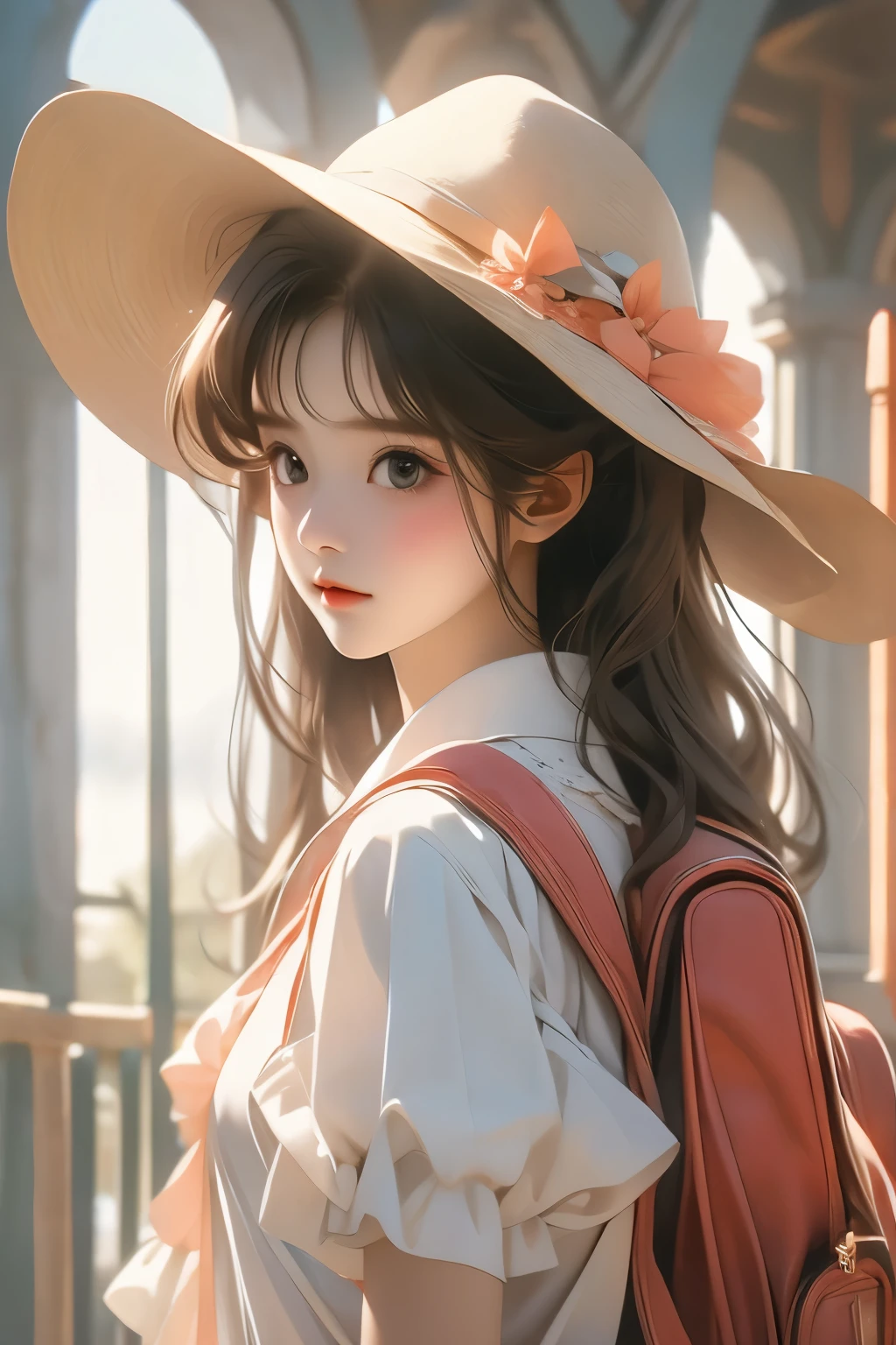 chunmomo,(masterpiece, best quality:1.2), 1girl, solo, hat,schoolbag,dress,delicate face,smooth skin，Detailed skin