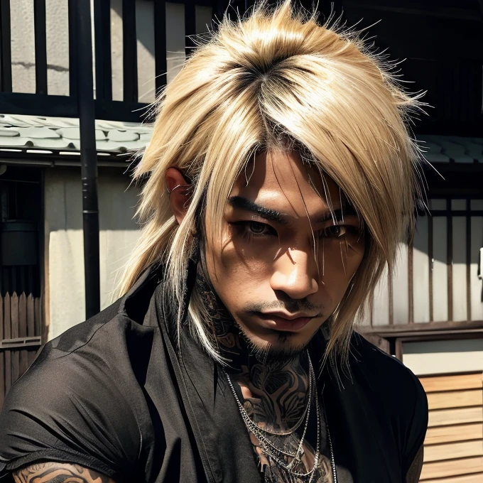 1 man, Japanese man, male, Asian eyes, muscular, broad shoulders, yakuza tattoos, hairstyle Visual Kei style, hair Visual Kei, black men's shirt and black pants, ultra detailed face, hyperrealistic, realistic representation, long hair, long hair, 30 years old, age 30 years, blond, blonde hair