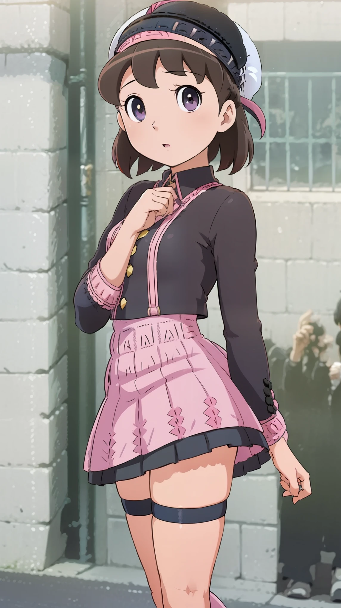 (iwanagadress:1.2), (iwanagakotoko:0.9),(beret:1.8), iwanaga kotoko, 1girl, beret, black bow, blue skirt, bow, brown footwear, cane, dress, hair bow, hat, holding, holding cane, juliet sleeves, light brown hair, long sleeves, looking at viewer, petticoat, puffy sleeves, purple eyes, short hair, skirt, solo, thigh strap, thighhighs, white dress, white headwear, white thighhighs, kyokou suiri