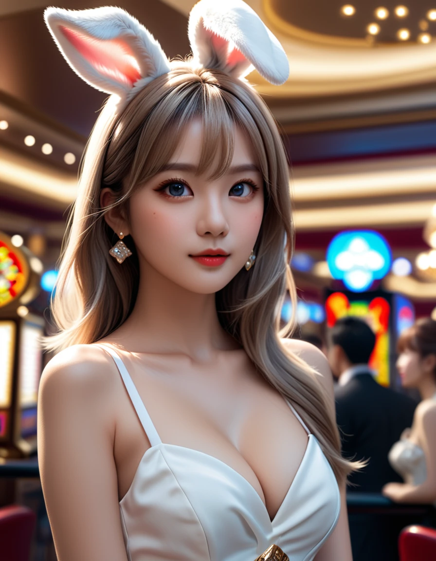 Low angle shot of a bunny girl、Casino Background、 (Highest quality、4K、8k、High Resolution、masterpiece:1.2)、Super detailed、(Real、Photorealistic、Photorealistic:1.37)、Detailed eyes、Detailed face、gorgeous、elegant、Impression