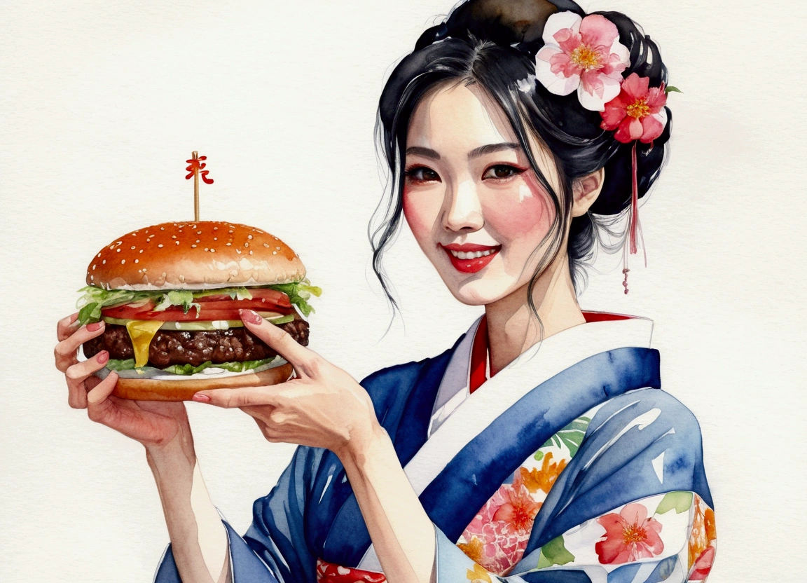 A very beautiful Japanese woman in a kimono eating a very large hamburger　Eyes on the burger　Watercolor art　Ink illustrations　The woman has a slightly nasty smile　Eyes that pay attention to detail