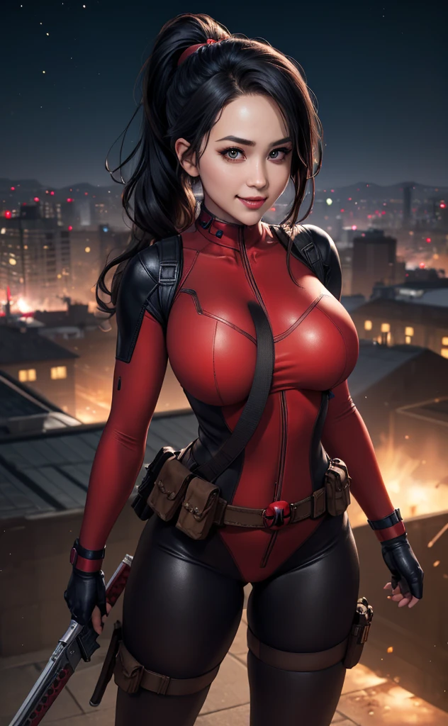 masterpiece, best quality, highres, contrapposto, BodySuit_lady_deadpool_ownwaifu, Christina Chong beautiful face, narrowed eyes. smirk. black braided hair with narrowed eyes,, mask, black hair, ponytail, long hair, large breasts, no pupils, bodysuit, skin tight, superhero, belt pouch, utility belt, red bodysuit, gloves, weapon on back, thigh pouch, thigh strap, thigh holster, belt buckle, turtleneck, light particles, depth_of_field, scenery, night, aerial fireworks, solo, cowboy shot, looking at viewer,
