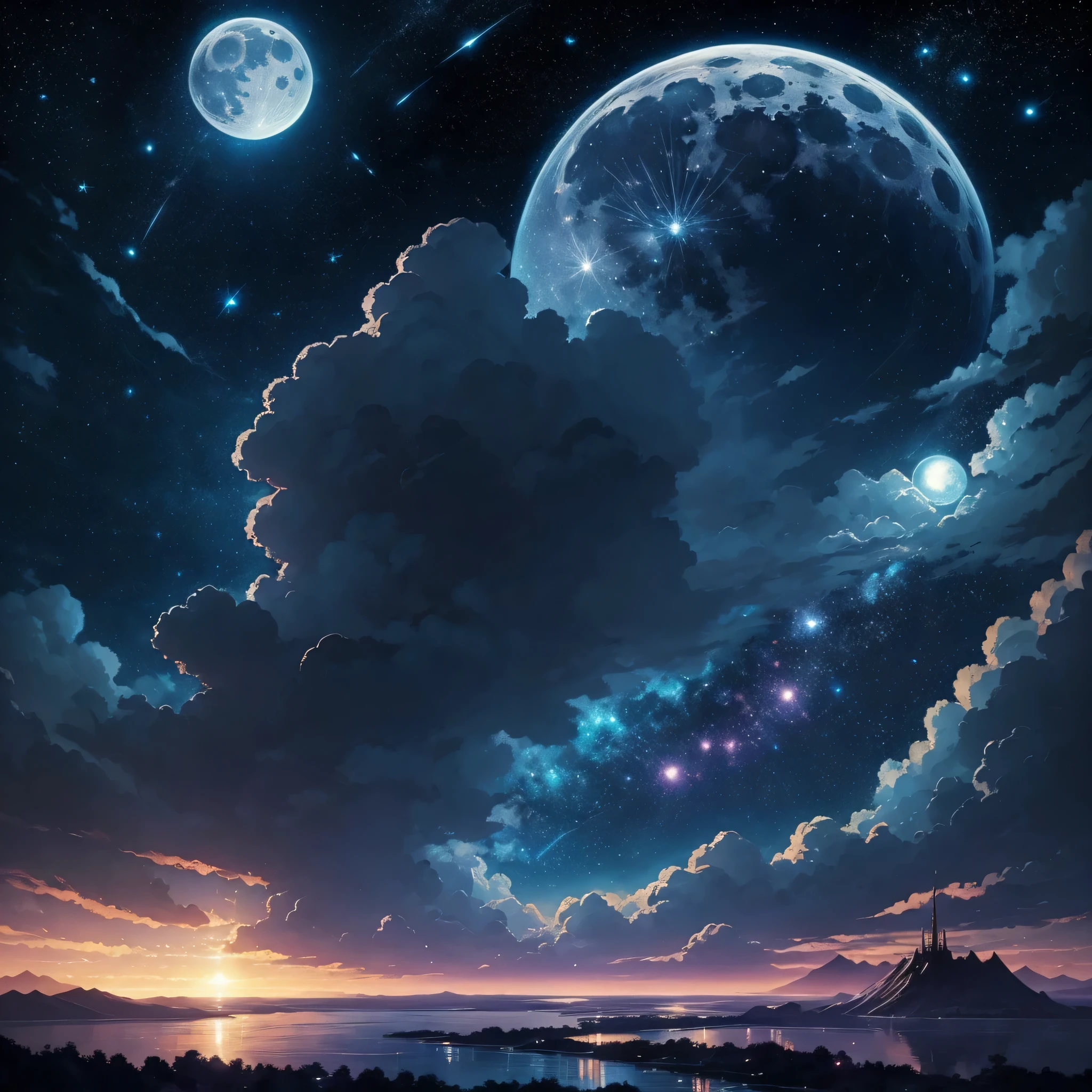 Highly concentrated beauty wrapped in paintings of rivers, stars and the moon in the sky, Concept art inspired by Mitsuoki Tosa, 舞い上がる白いpetal, petal, 風に舞うpetal, 白いpetalが舞っている, pixiv Contest Winner, Highest quality, Fantasy art, Beautiful anime scene, Bright moon round, Starry Sky environment under moonlight, Dream Painting, Anime Background Art, Dreamscape Painting, Great night, Anime Background, Background artwork, Great art, Atmospheric anime, Starry Sky, Detail enhancements. --automatic