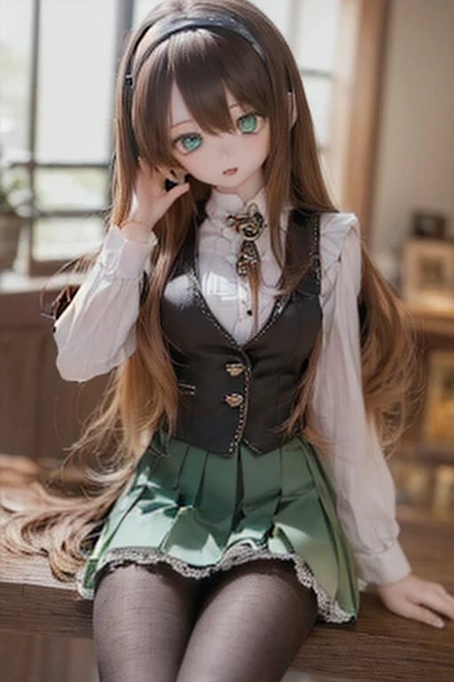 (SFW:2), photorealistic, realistic photo, 8k, ((highest quality)), ((masterpiece)), (extremely detailed), kukolnydom, doll, (mature woman, 21yo, 21 years old, solo:1.6), ((cowboy shot, sitting on chair, head tilt, slim, slender, skinny, medium breasts, hairband, ascot, vest, blouse, long puff sleeves, pleated skirt, black pantyhose)), (green eyes, brown hair, long hair, plastic skin, looking at another, glass eyes, gradient eyes, shining eyes, detailed eyes:1.3)