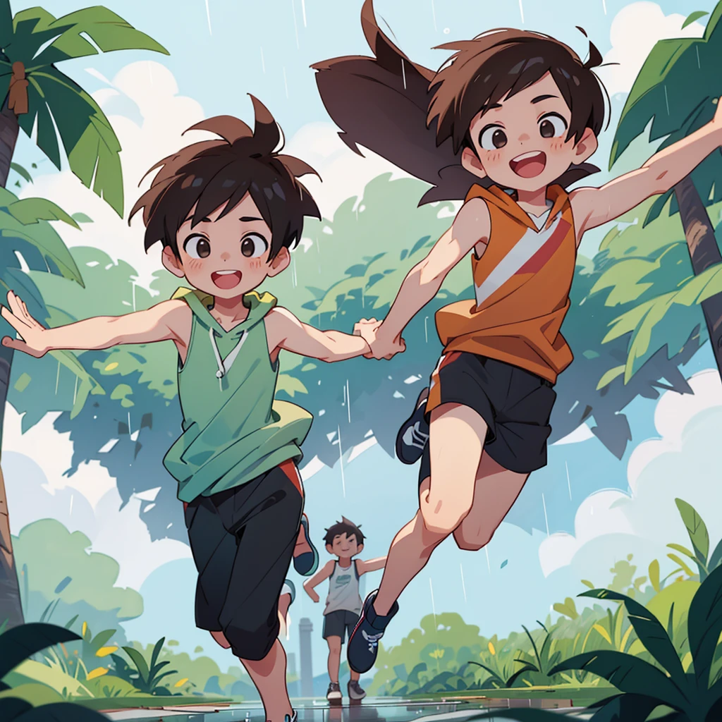 Two boys, bestfriends, running together as it rains in one summer. The first boy has brown hair and is wearing a sleeveless hoodie and shorts, the second boy has black hair and is wearing a tank top. They smile as they spread their arms out in the cool breeze as they run