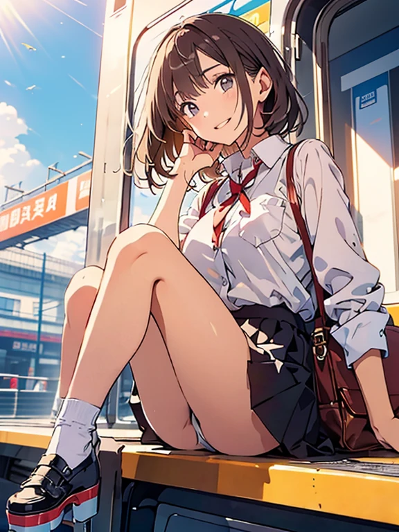 school bag、uniform、 girl standing on the platform of a modern train station in Tokyo、She has long dark brown hair、She is wearing a white shirt with long sleeves rolled up and a black skirt.。.。A red ribbon is tied on the collar of a white shirt.。She tilted her head a little.、Smiling and playful expression。A train is approaching in the background..、The platform has a clean, modern design.、I can see the clear blue sky、The white sunlight of the day shines in、It casts a clear shadow。The atmosphere is bright and lively、The woman is in the center of the image。There are green plants in the background、Adding nature to the cityscape。The shirt shows through and the underwear is visible、Big Breasts、F cup bust、Her white panties are barely visible、Cute Face、Sexy pose、Sunlight on the thighs、Sun shining on beautiful legs、((((1 person、Let&#39;s get closer and take a photo、Beautiful views、A deep composition、Buildings of Tokyo in the background、Grab my leg))))