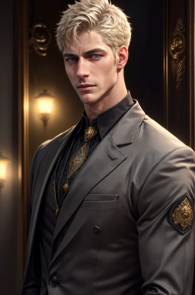 (extremely stoic and handsome:1.2), 8K,(masterpiece:1.0),(best_quality:1.0), 1 man, and intricate detailing, Enlarged textures, and intricate detailing, finely eye and detailed face, stoic handsome masculine face and intricate detailing, blonde taper fade hair, (closed mouths), Perfect grey eyes, Equal eyes, carolina eyes (A male god) with black uniform clothing((a mature man, very handsome, short grey golden hair, perfect face without errors)), ((buttoning the jacket, CEO)), (best quality, masterpiece, 8K, photorealistic, cinematic lighting, hdr image, ultra detailed, beautiful image), (portrait, detailed facial features, intricate textures, realistic skin tones, highly detailed, ultra-realistic), (warm lighting, soft shadows, dramatic lighting), (rich tones), (professional photography, high resolution, studio lighting)