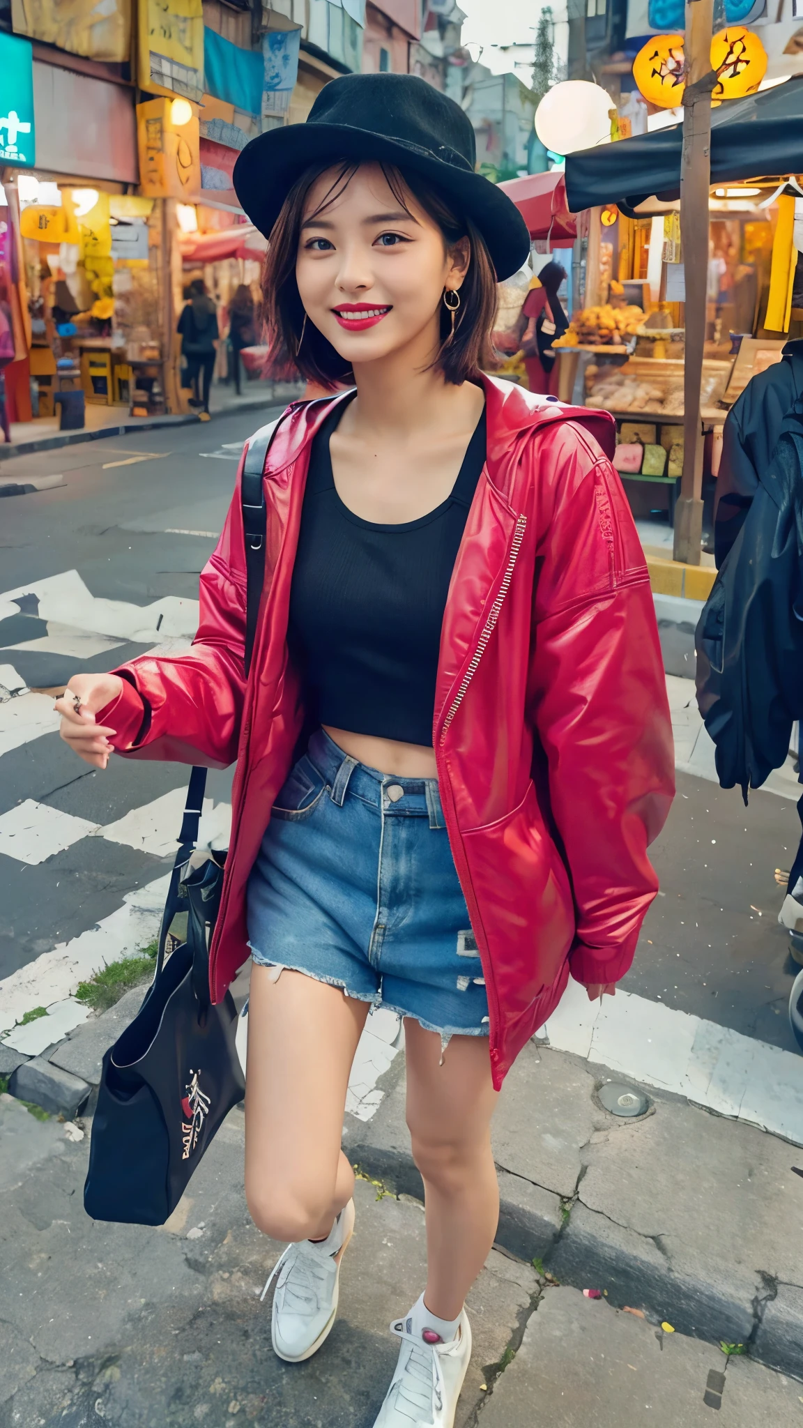 Moisturized skin, realistic body, (************), (girl), earrings, (cute face), cheerful laugh, 90s hip-hop outfit, shy,
BREAK,
red lipstick, beautiful hair, gradient hair, short hair,
BREAK,
(masterpiece, highest quality, high resolution, highly detailed), (full body: 1.2), symmetrical, one shot,
BREAK,
(wind blowing), Taiwan night market,
BREAK,
fantastic, dynamic, (selfie), (fisheye lens), neon, cyberpunk movie, selfie, cyberpunk city, hat, iPhone, street snap, bag, travel, messing around, flirting,