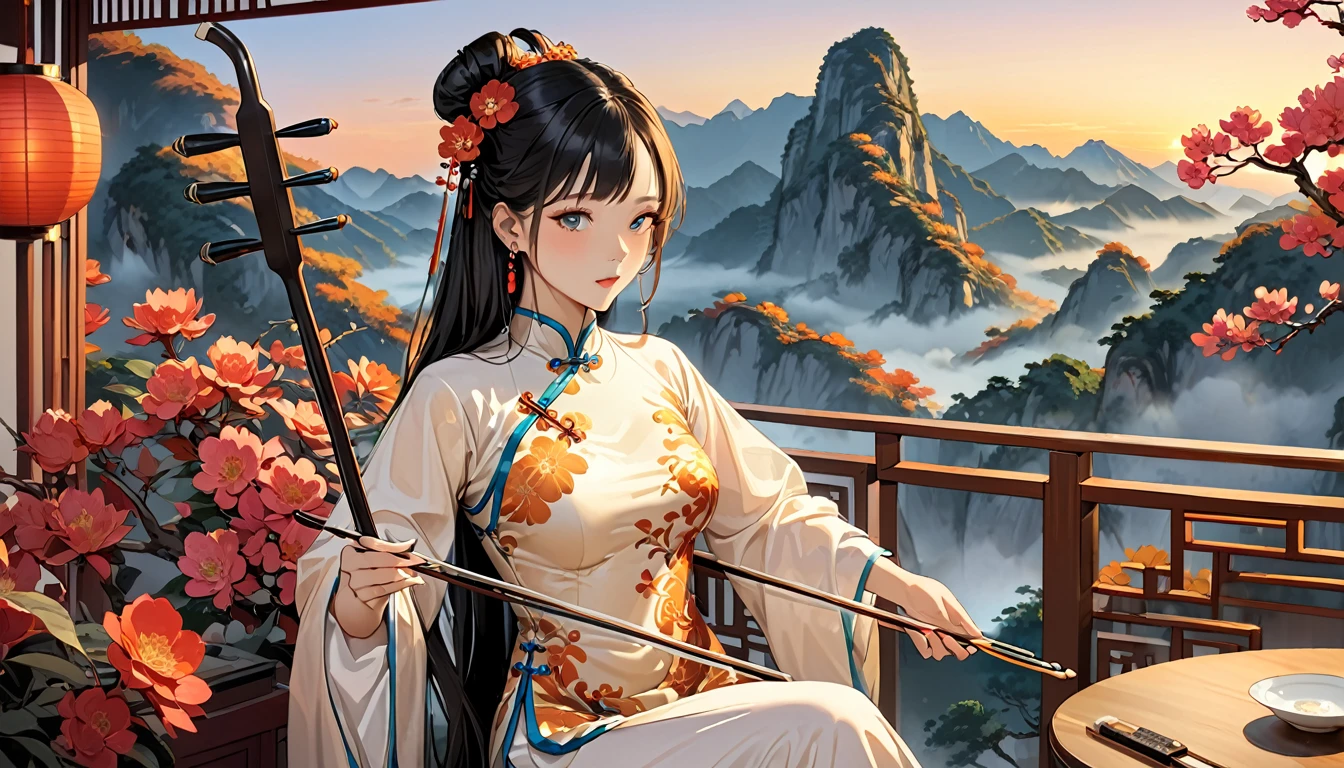 One girl,Playing erhu,Holding an Erhu,China dress,Sitting in a highchair,,(((masterpiece,Highest quality))),((Good structure,Good composition,Good Atomy)), ((clear, original,beautiful)),She is dressed in elegant traditional Chinese clothing, such as a qipao or hanfu which flows beautifully as she plays.The background features a majestic scene of misty Chinese mountains at dawn, with the sky painted in warm hues of orange, pink, and gold, creating a serene and enchanting atmosphere. soft, ethereal lighting enhances the landscape, highlighting the beauty of the moment as the sun rises