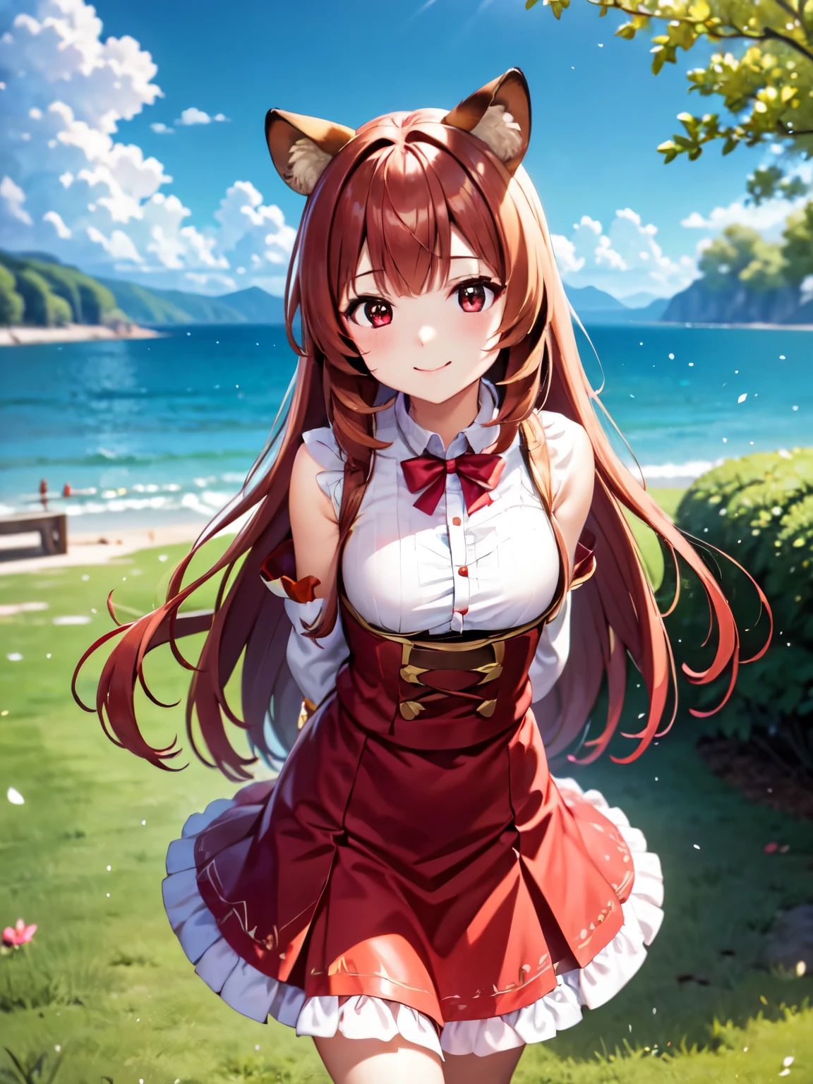 masterpiece、Ultra-precision、Anime illustration style、alone、Raphtalia、smile、1 girl、Raccoon Ears、 During a walk、A girl who is cute no matter who you look at、8Ｋimage、Red and white outfit、Absolute reference to the center、Place your arms behind your back、4Ｋ，8Ｋ,(Genuine、Genuine志向、写真Genuine志向：1.5）、High resolution、超High resolution、ultra high definition paintings、whole body、Cowboy Shot、Long skirt、Leaning forward
