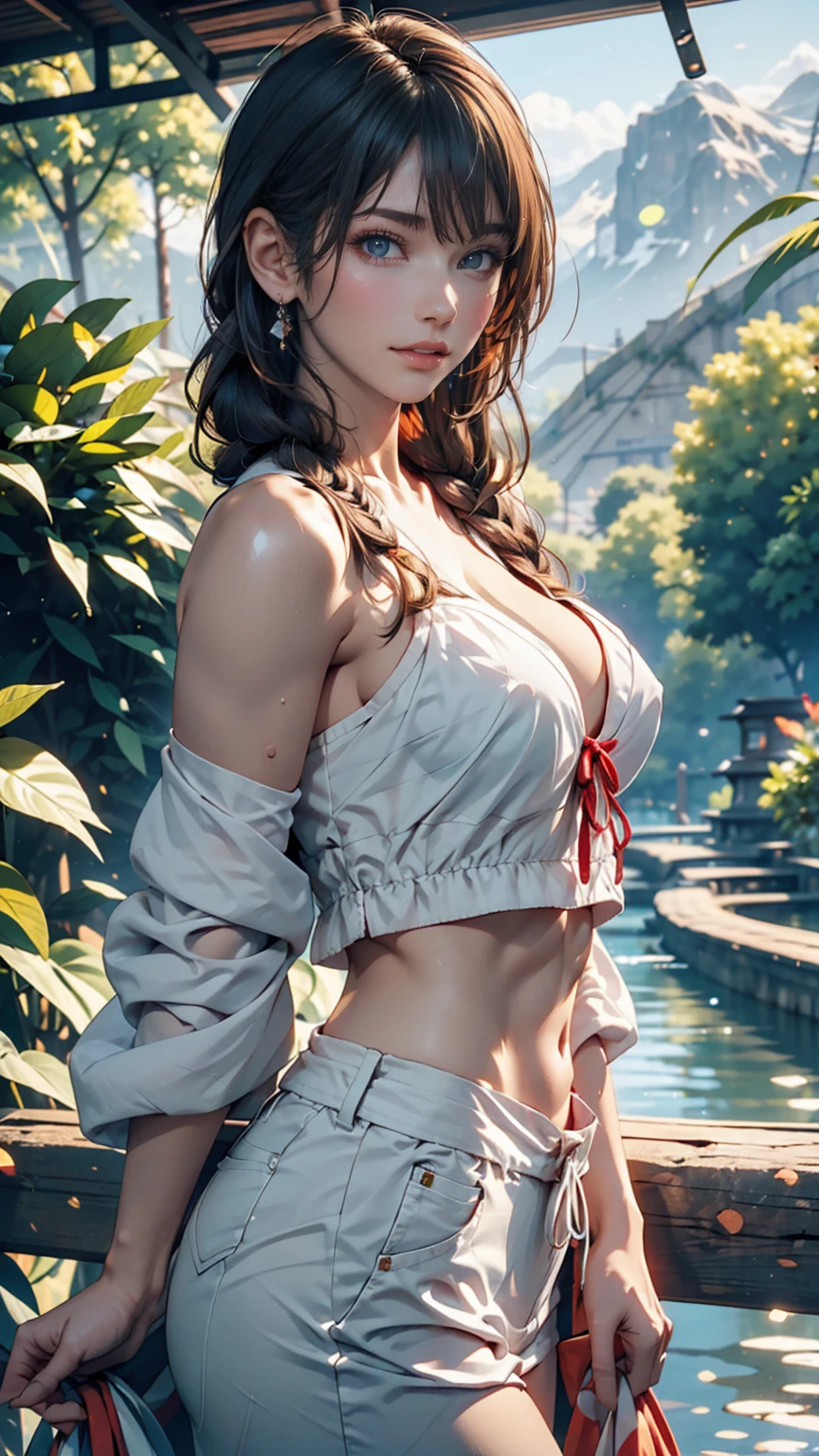landscape, summer, Clear Stream, forest, unmanned, river, blue sky, Nobody, Distant Mountain々, HD detailed, Super detailed, movie, Hyperrealism, Soft Light, Deep Focus Bokeh, Ray Tracing, Hyperrealism. , アートステーション pixiv Gwise, Makoto Shinkai, ArtJam、24-year-old woman、Multi braid((multiple braids))、Silver Hair、Sexy proportions、Narrow waist