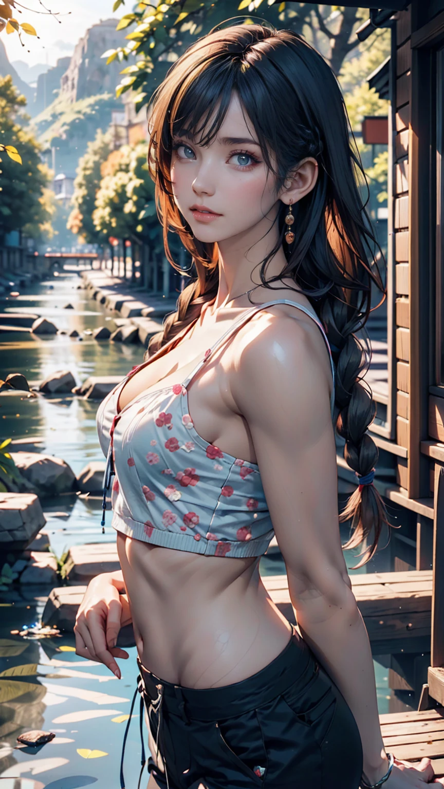 landscape, summer, Clear Stream, forest, unmanned, river, blue sky, Nobody, Distant Mountain々, HD detailed, Super detailed, movie, Hyperrealism, Soft Light, Deep Focus Bokeh, Ray Tracing, Hyperrealism. , アートステーション pixiv Gwise, Makoto Shinkai, ArtJam、24-year-old woman、Multi braid((multiple braids))、Silver Hair、Sexy proportions、Narrow waist