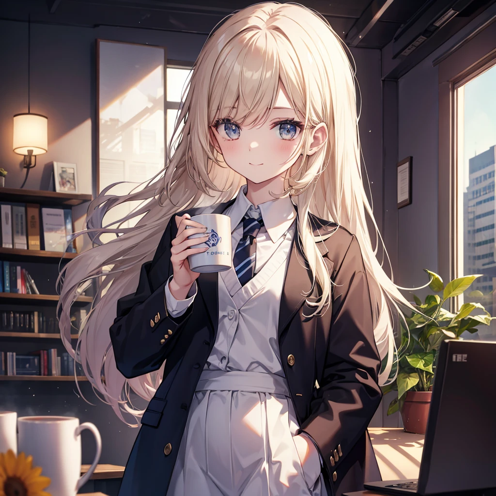 1 female((Hall々Behave with dignity, cool)), masterpiece, Highest quality, Very detailed, alone, indoor, (noon), machine,office , (performer, moon) Calm, smile,  Mug, loafers, tie, suit, Have, Mug,  (View the viewer:1.2) (Skin Texture) (Film Grain:1.3), (Warm shades, Warm Tones)