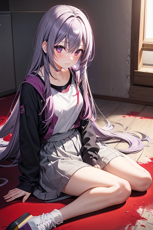 Adult Anime Girl 2d Long Hair Loose light Purple-Grayish, Age Adulthood adult, sitting in the floor, with so much red paint everywhere 