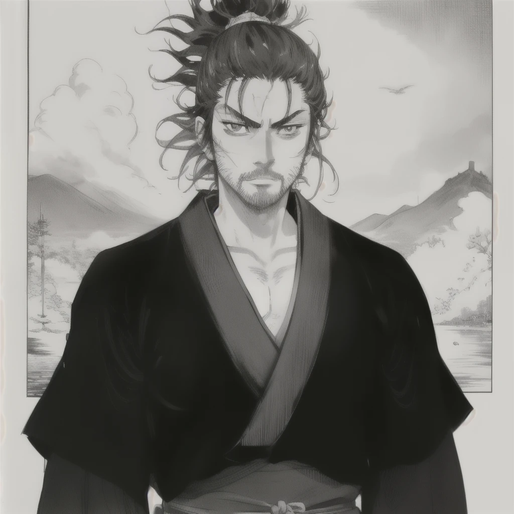 Miyamoto Musashi,kimono,scar,by the wide,barba,,manga,in black and white,looking to the camera,elegant,charismatic (:0.8)