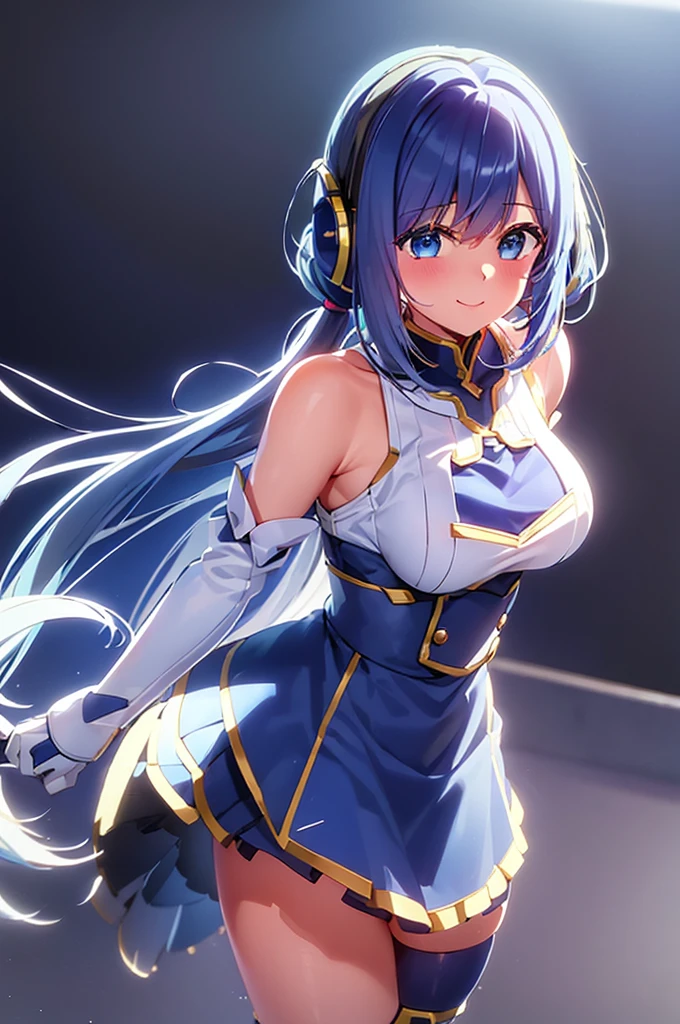 mecha wings、White and blue skirt、Thighs、tights、chest、Twin tails、Blue Hair、1 girl、solo girl、IS、Frame Arms Girl、Alice Gere Aegis、blue armor、income、headphone、hand on own chest、smile、idol woman、idol dress