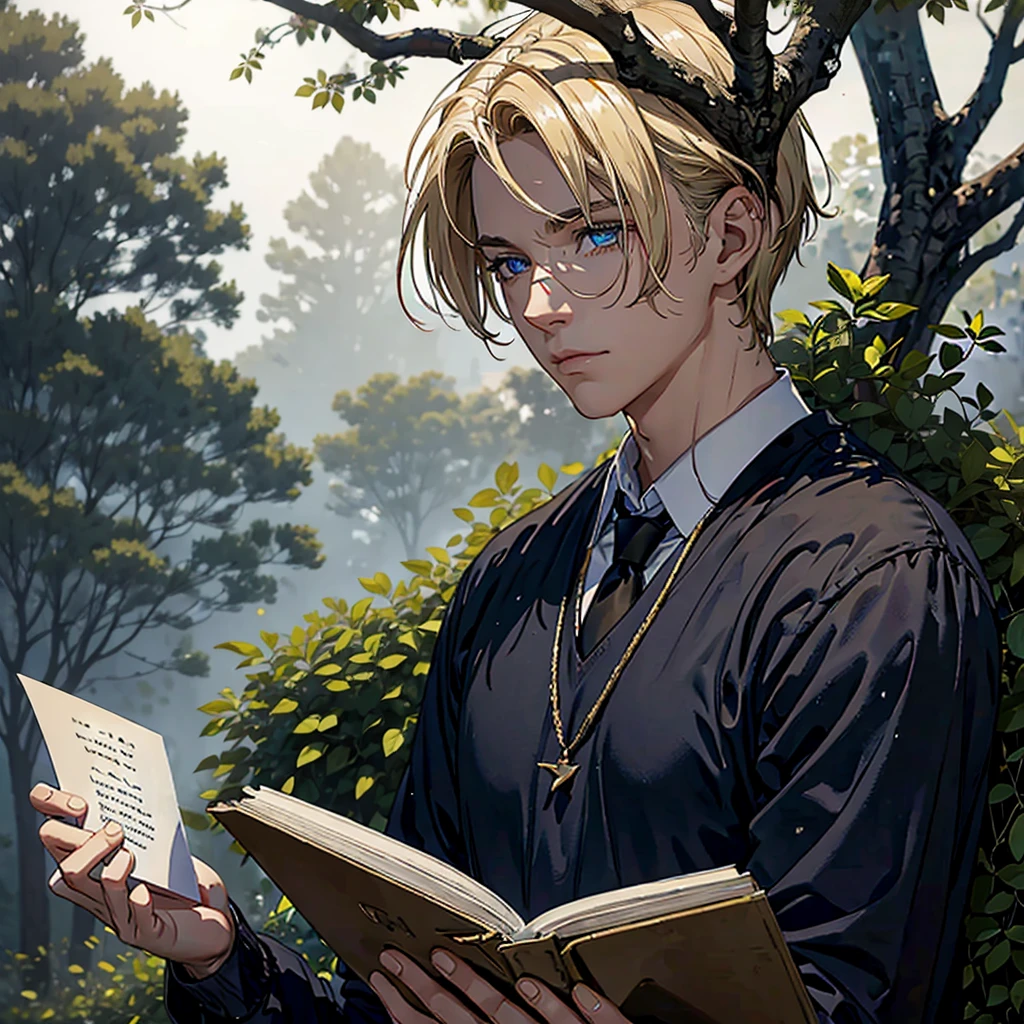 Man with blond hair, wearing , reading a letter, under a tree, mysterious, foggy, scary