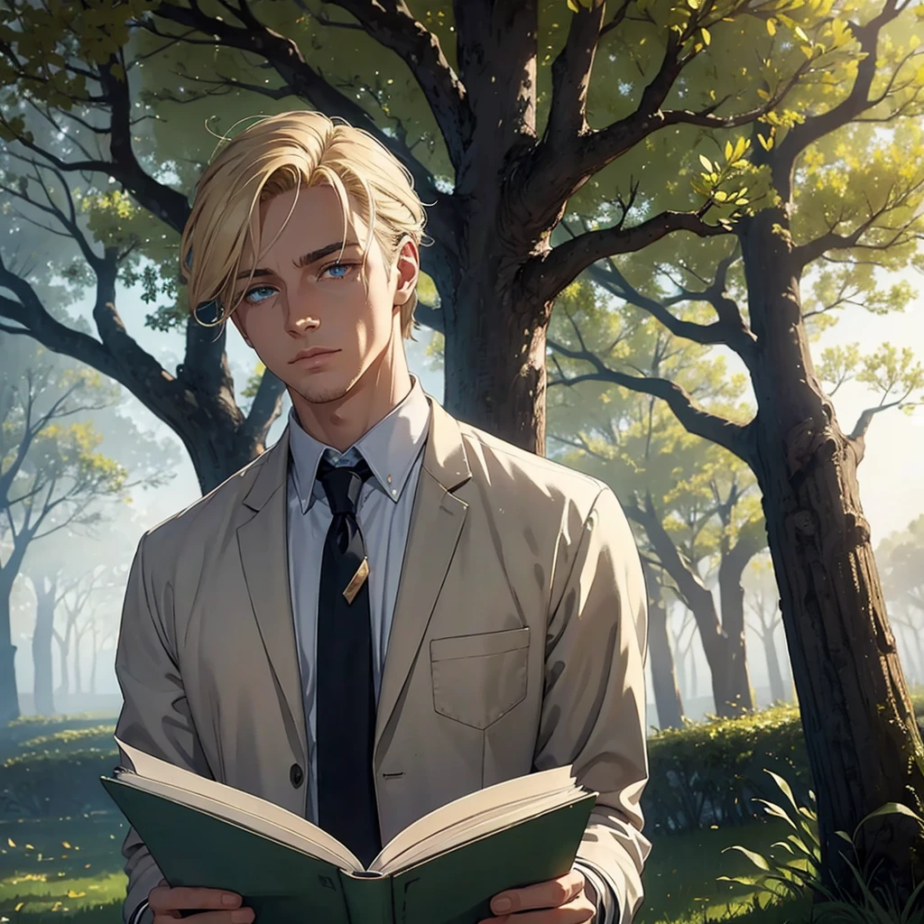 Man with blond hair, wearing , reading a letter, under a tree, mysterious, foggy, scary