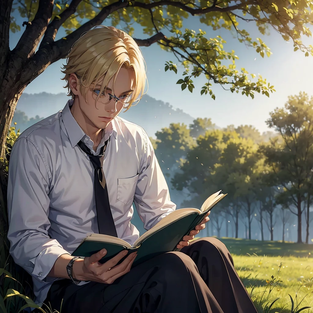 Man with blond hair, wearing , reading a letter, under a tree, mysterious, foggy, scary