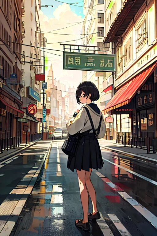 Highest quality, 4K wallpaper, masterpiece, Very detailed CG ユニティ 8k 壁紙, Very fine grain, Very detailed, Intricate details, One girl, Retro art style, Retro art style,  public, Outdoor, road signs, city,