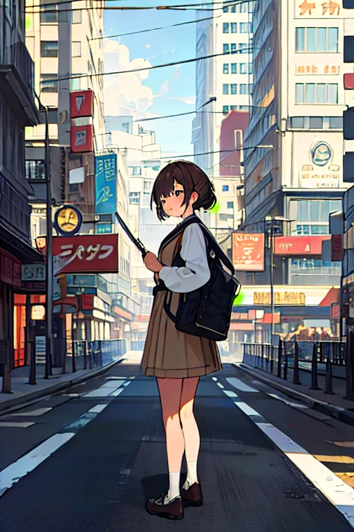 Highest quality, 4K wallpaper, masterpiece, Very detailed CG ユニティ 8k 壁紙, Very fine grain, Very detailed, Intricate details, One girl, Retro art style, Retro art style, public, Outdoor, road signs, city,