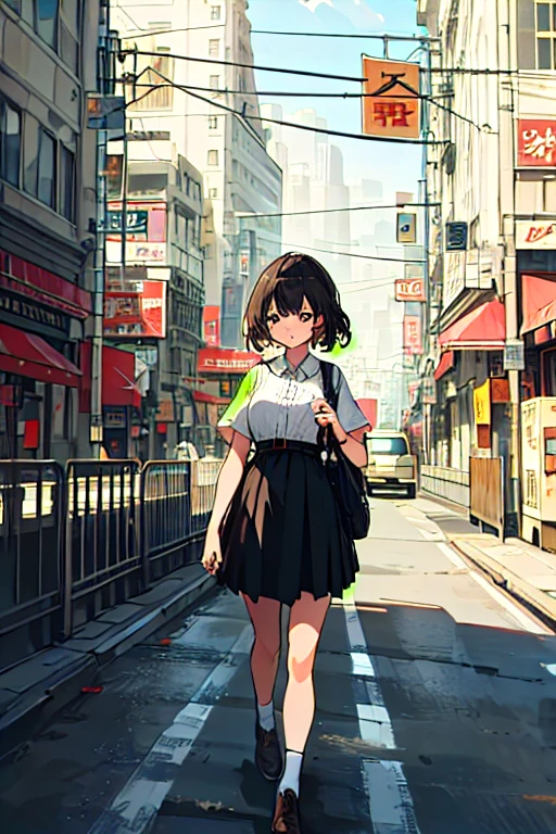 Highest quality, 4K wallpaper, masterpiece, Very detailed CG ユニティ 8k 壁紙, Very fine grain, Very detailed, Intricate details, One girl, Retro art style, Retro art style,  public, Outdoor, road signs, city,
