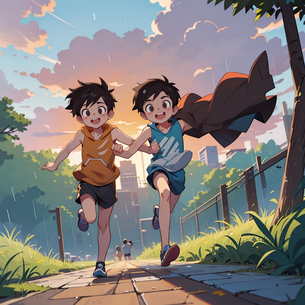 Two boys, bestfriends, running together as it rains in one summer. The first boy has brown hair and is wearing a sleeveless hoodie and shorts, the second boy has black hair and is wearing a tank top. They smile as they spread their arms out in the cool breeze as they run on the sidewalk at the suburbs in the evening as the sun sets.