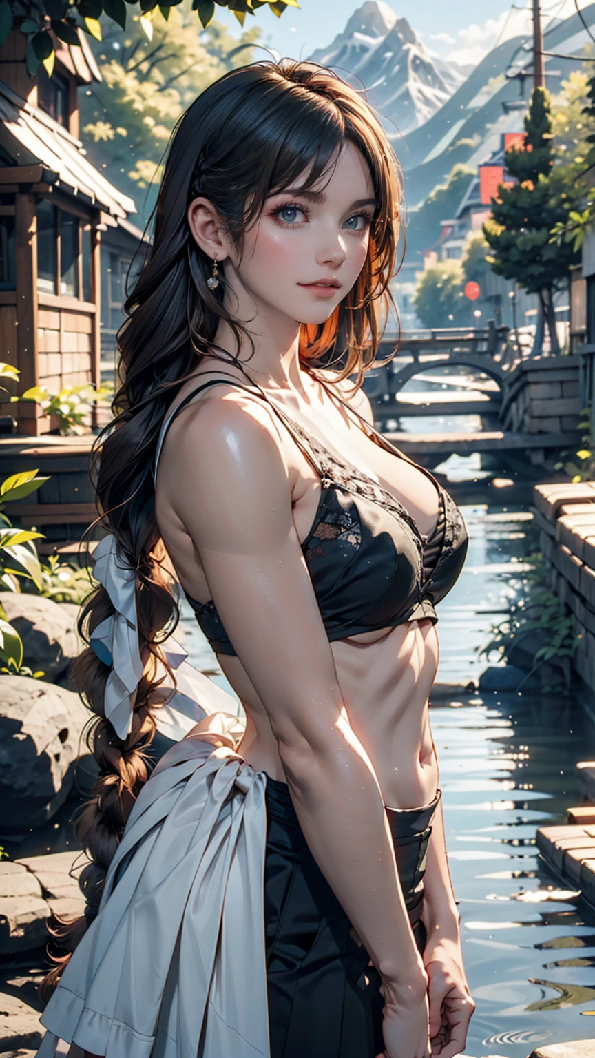 landscape, summer, Clear Stream, forest, unmanned, river, blue sky, Nobody, Distant Mountain々, HD detailed, Super detailed, movie, Hyperrealism, Soft Light, Deep Focus Bokeh, Ray Tracing, Hyperrealism. , アートステーション pixiv Gwise, Makoto Shinkai, ArtJam、24-year-old woman、Multi braid((multiple braids))、Silver Hair、Sexy proportions、Narrow waist